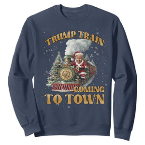 Funny Trump Xmas Sweatshirt Santa Trump Train Coming To Town TS09 Navy Print Your Wear