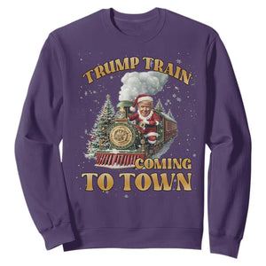 Funny Trump Xmas Sweatshirt Santa Trump Train Coming To Town TS09 Purple Print Your Wear