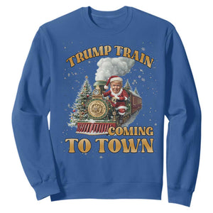 Funny Trump Xmas Sweatshirt Santa Trump Train Coming To Town TS09 Royal Blue Print Your Wear