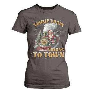 Funny Trump Xmas T Shirt For Women Santa Trump Train Coming To Town TS09 Dark Chocolate Print Your Wear