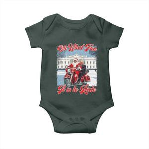 Funny Xmas Trump Baby Onesie Oh What Fun It Is To Ride Trump Santa Motorcycle TS09 Dark Forest Green Print Your Wear