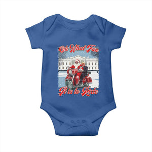 Funny Xmas Trump Baby Onesie Oh What Fun It Is To Ride Trump Santa Motorcycle TS09 Royal Blue Print Your Wear