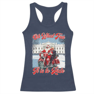 Funny Xmas Trump Racerback Tank Top Oh What Fun It Is To Ride Trump Santa Motorcycle TS09 Navy Print Your Wear