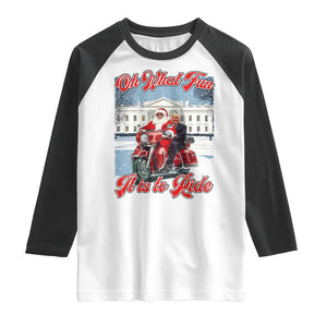 Funny Xmas Trump Raglan Shirt Oh What Fun It Is To Ride Trump Santa Motorcycle TS09 White Black Print Your Wear