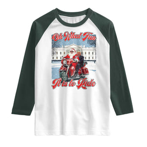 Funny Xmas Trump Raglan Shirt Oh What Fun It Is To Ride Trump Santa Motorcycle TS09 White Dark Forest Green Print Your Wear