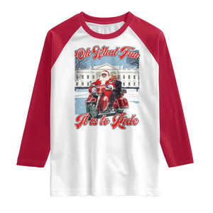 Funny Xmas Trump Raglan Shirt Oh What Fun It Is To Ride Trump Santa Motorcycle TS09 White Red Print Your Wear