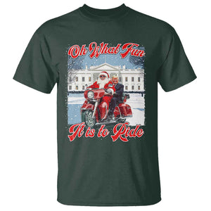 Funny Xmas Trump T Shirt Oh What Fun It Is To Ride Trump Santa Motorcycle TS09 Dark Forest Green Print Your Wear