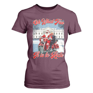 Funny Xmas Trump T Shirt For Women Oh What Fun It Is To Ride Trump Santa Motorcycle TS09 Maroon Print Your Wear