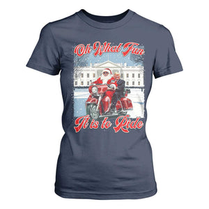 Funny Xmas Trump T Shirt For Women Oh What Fun It Is To Ride Trump Santa Motorcycle TS09 Navy Print Your Wear