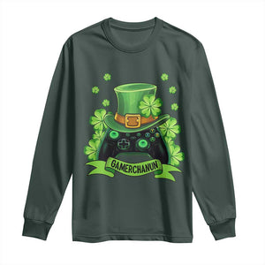 St Patrick's Day Long Sleeve Shirt Gamerchaun Video Game Funny Lucky Gamer TS09 Dark Forest Green Print Your Wear