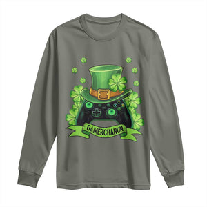 St Patrick's Day Long Sleeve Shirt Gamerchaun Video Game Funny Lucky Gamer TS09 Military Green Print Your Wear