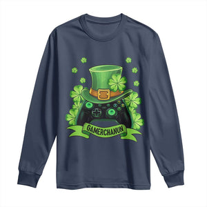 St Patrick's Day Long Sleeve Shirt Gamerchaun Video Game Funny Lucky Gamer TS09 Navy Print Your Wear