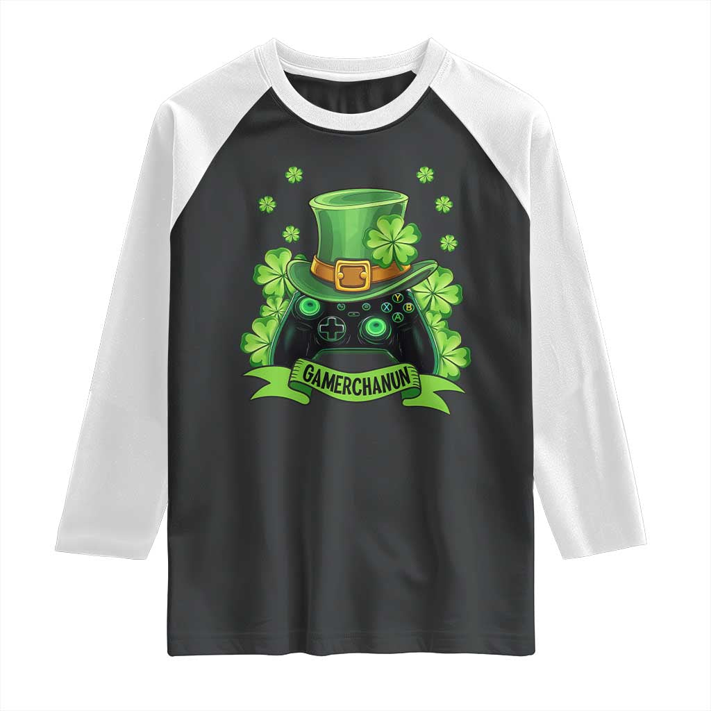 St Patrick's Day Raglan Shirt Gamerchaun Video Game Funny Lucky Gamer TS09 Black White Print Your Wear