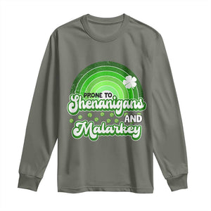 Funny St Patrick's Day Long Sleeve Shirt Prone To Shenanigans And Malarkey TS09 Military Green Print Your Wear