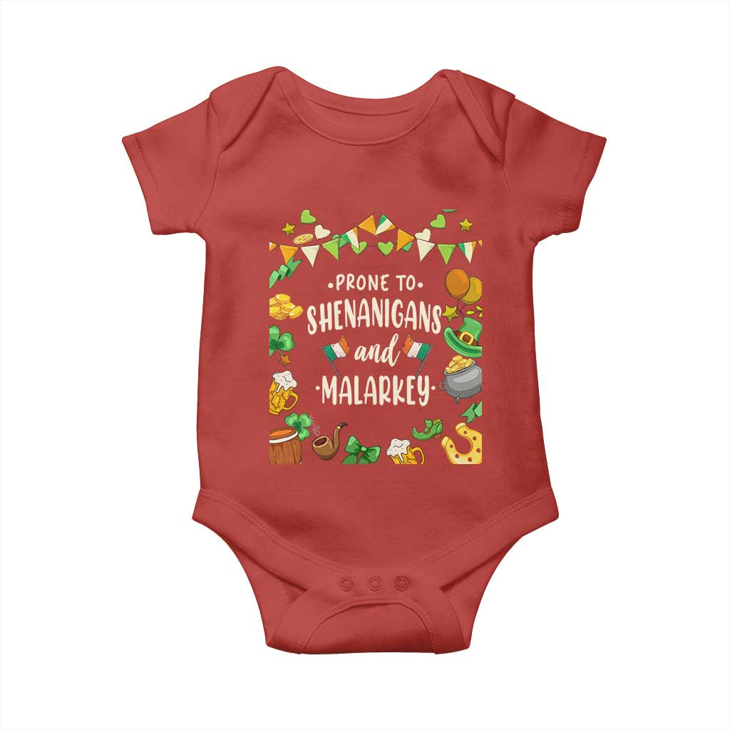St Patrick's Day Baby Onesie Funny Prone To Shenanigans And Malarkey TS09 Red Print Your Wear