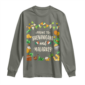 St Patrick's Day Long Sleeve Shirt Funny Prone To Shenanigans And Malarkey TS09 Military Green Print Your Wear