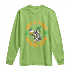 St Patrick's Day Long Sleeve Shirt Beer Drinking Skeleton Shut Up Liver You're Fine TS09 Lime Print Your Wear