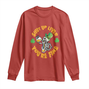 St Patrick's Day Long Sleeve Shirt Beer Drinking Skeleton Shut Up Liver You're Fine TS09 Red Print Your Wear