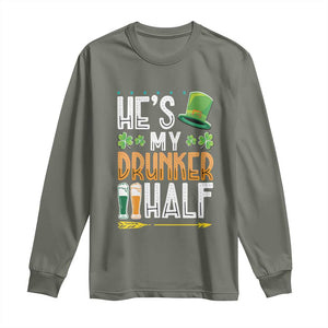 St Patrick's Day Couple Matching Long Sleeve Shirt He's My Drunker Half TS09 Military Green Print Your Wear