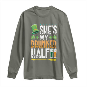 St Patrick's Day Couple Matching Long Sleeve Shirt She's My Drunker Half TS09 Military Green Print Your Wear