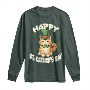 St Patrick's Day Long Sleeve Shirt Happy St.Catrick's Lucky Cat Shamrock Cute Kitty TS09 Dark Forest Green Print Your Wear