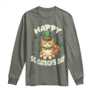 St Patrick's Day Long Sleeve Shirt Happy St.Catrick's Lucky Cat Shamrock Cute Kitty TS09 Military Green Print Your Wear