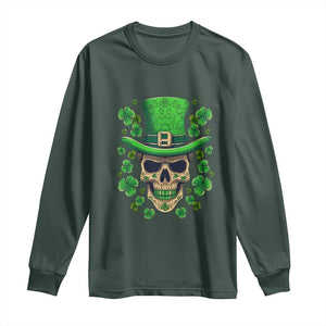 St Patrick's Day Long Sleeve Shirt Irish Sugar Skull Lucky Shamrocks Hat TS09 Dark Forest Green Print Your Wear