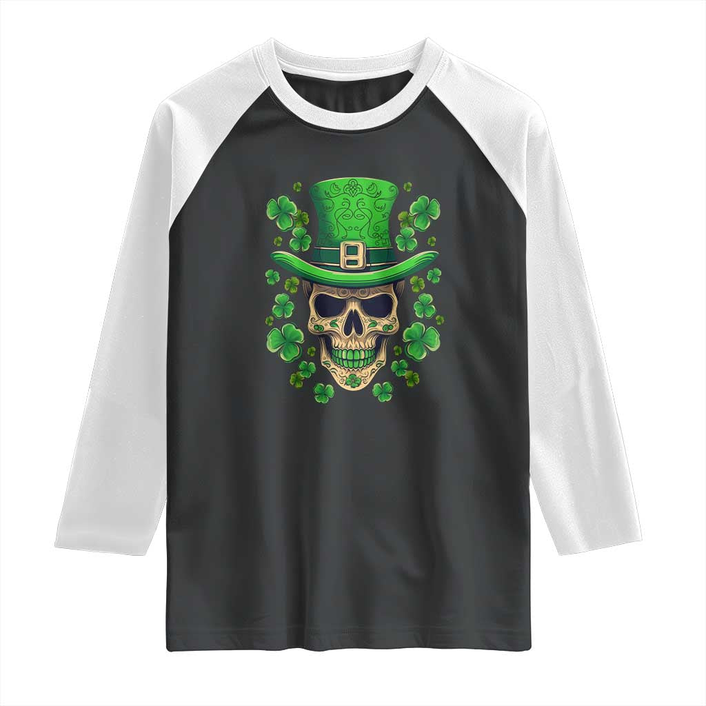 St Patrick's Day Raglan Shirt Irish Sugar Skull Lucky Shamrocks Hat TS09 Black White Print Your Wear