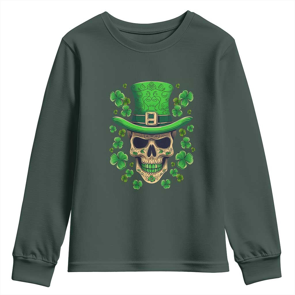 St Patrick's Day Youth Sweatshirt Irish Sugar Skull Lucky Shamrocks Hat TS09 Dark Forest Green Print Your Wear