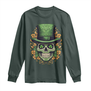 St Patrick's Day Long Sleeve Shirt Irish Sugar Skull Lucky Hat Shamrocks TS09 Dark Forest Green Print Your Wear