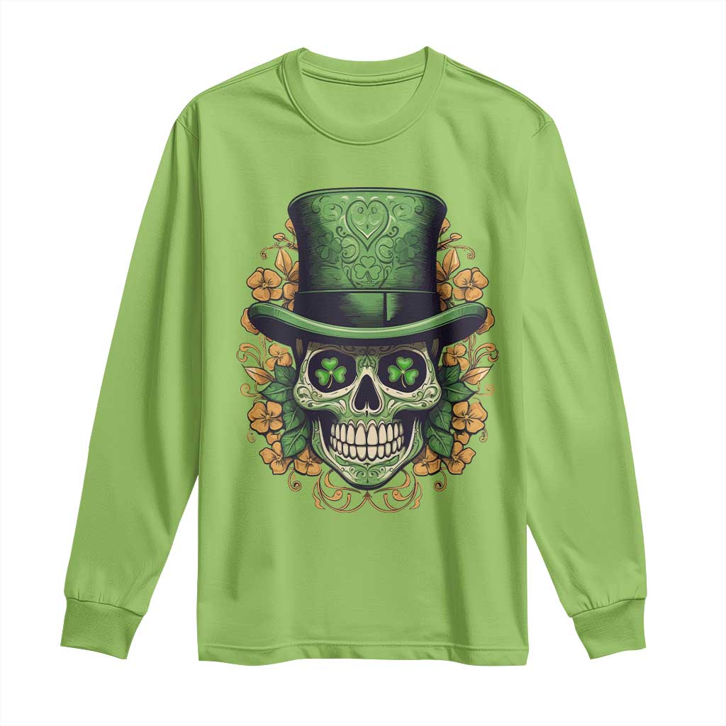 St Patrick's Day Long Sleeve Shirt Irish Sugar Skull Lucky Hat Shamrocks TS09 Lime Print Your Wear