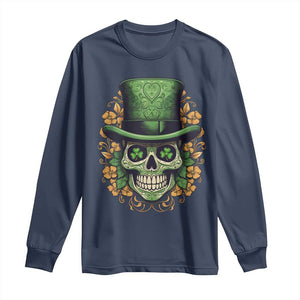 St Patrick's Day Long Sleeve Shirt Irish Sugar Skull Lucky Hat Shamrocks TS09 Navy Print Your Wear