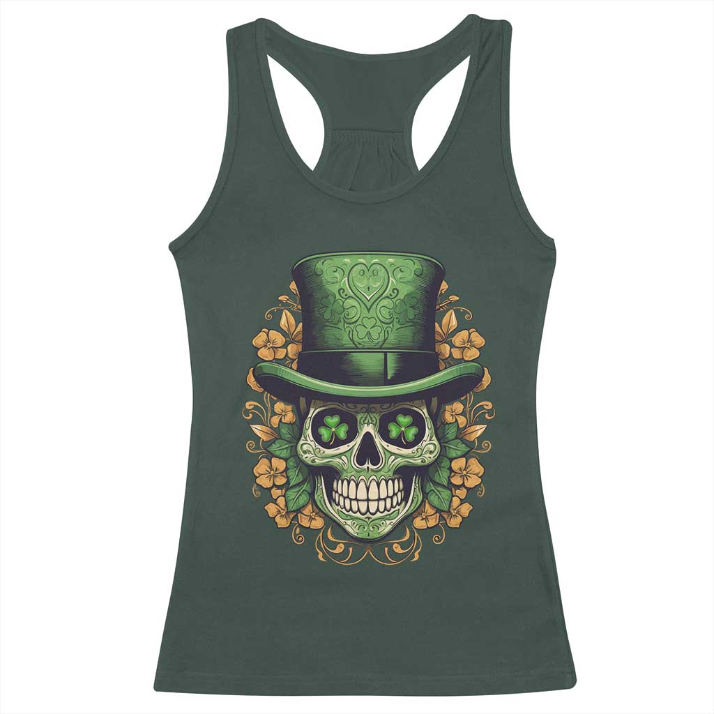 St Patrick's Day Racerback Tank Top Irish Sugar Skull Lucky Hat Shamrocks TS09 Dark Forest Green Print Your Wear