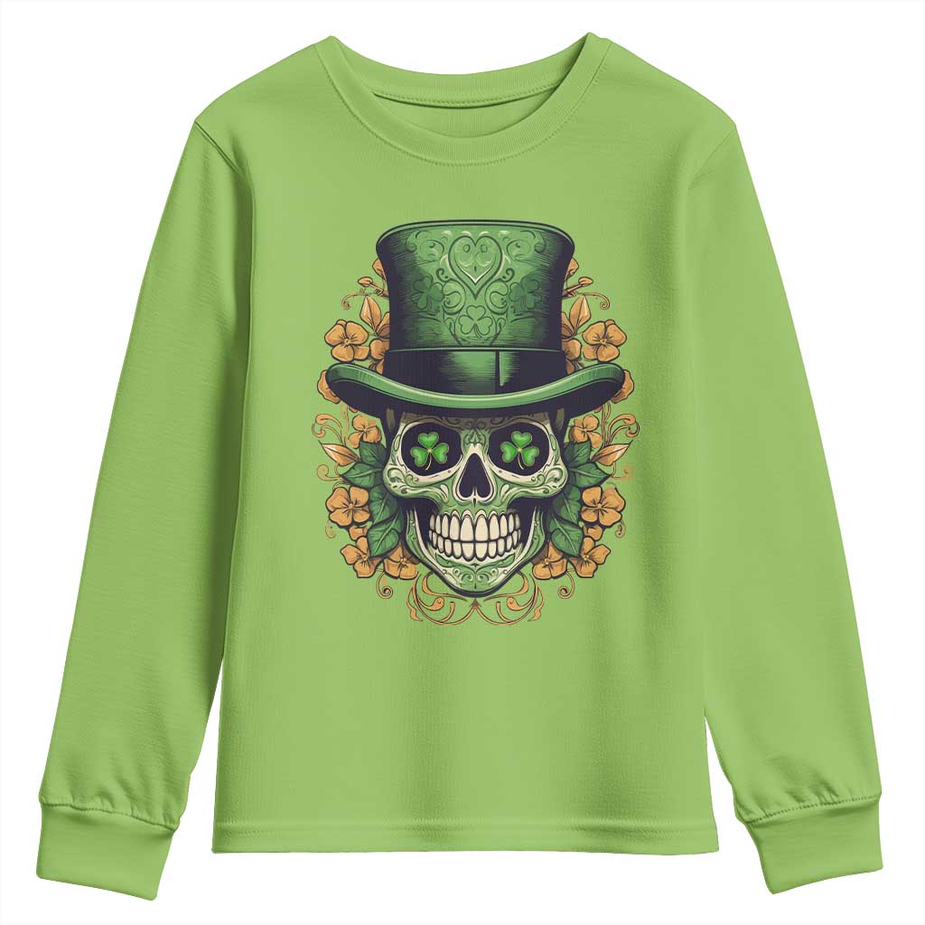 St Patrick's Day Youth Sweatshirt Irish Sugar Skull Lucky Hat Shamrocks TS09 Lime Print Your Wear