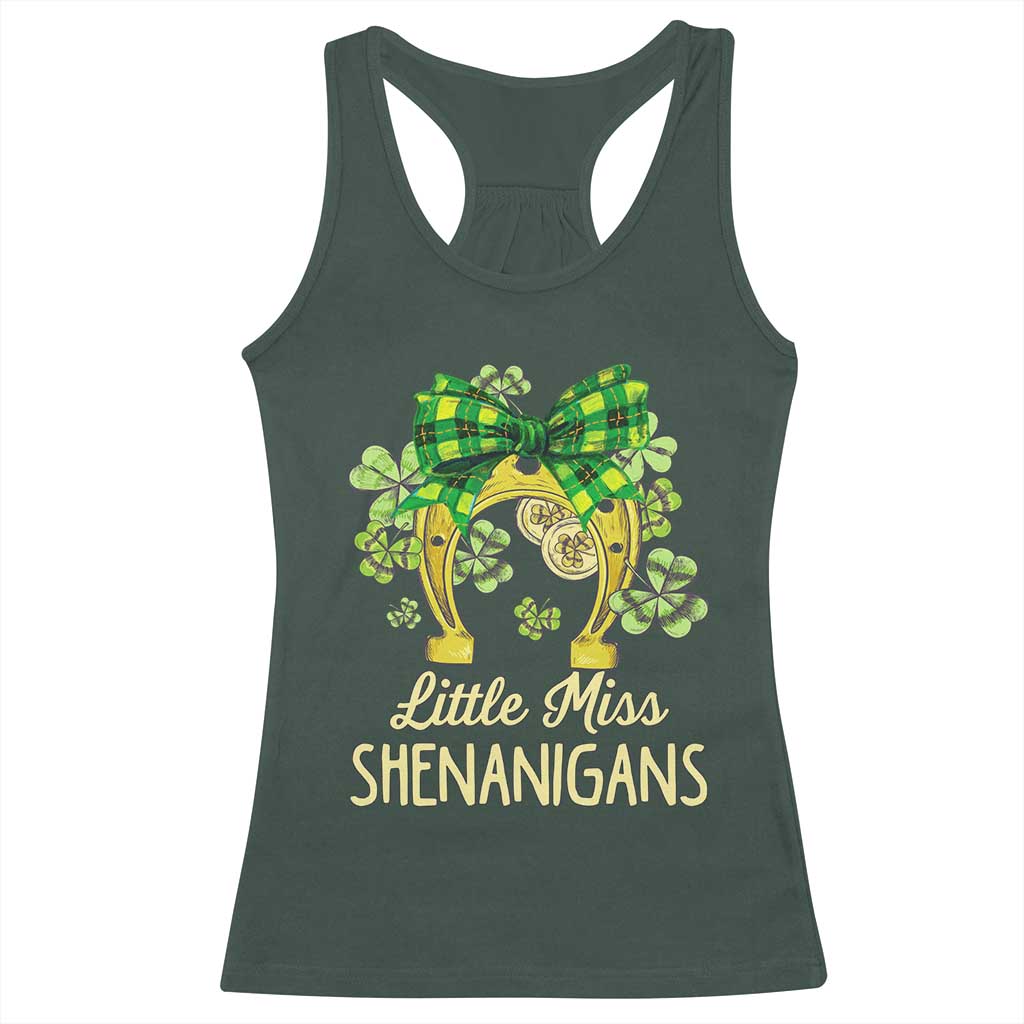 St Patrick's Day Racerback Tank Top Little Miss Shenanigans Coquette Shamrocks TS09 Dark Forest Green Print Your Wear