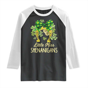 St Patrick's Day Raglan Shirt Little Miss Shenanigans Coquette Shamrocks TS09 Black White Print Your Wear