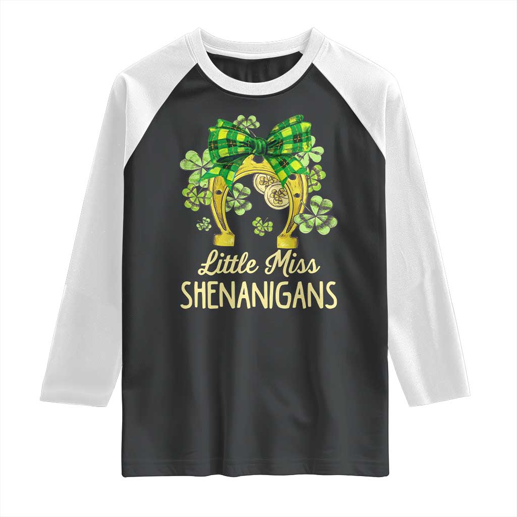 St Patrick's Day Raglan Shirt Little Miss Shenanigans Coquette Shamrocks TS09 Black White Print Your Wear