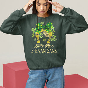 St. Patrick's Day Sweatshirt Little Miss Shenanigans Coquette Shamrocks TS09 Dark Forest Green Printyourwear