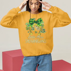 St. Patrick's Day Sweatshirt Little Miss Shenanigans Coquette Shamrocks TS09 Gold Printyourwear