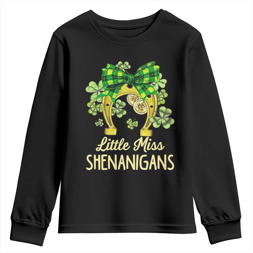 St Patrick's Day Youth Sweatshirt Little Miss Shenanigans Coquette Shamrocks TS09 Black Print Your Wear