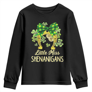 St Patrick's Day Youth Sweatshirt Little Miss Shenanigans Coquette Shamrocks TS09 Black Print Your Wear