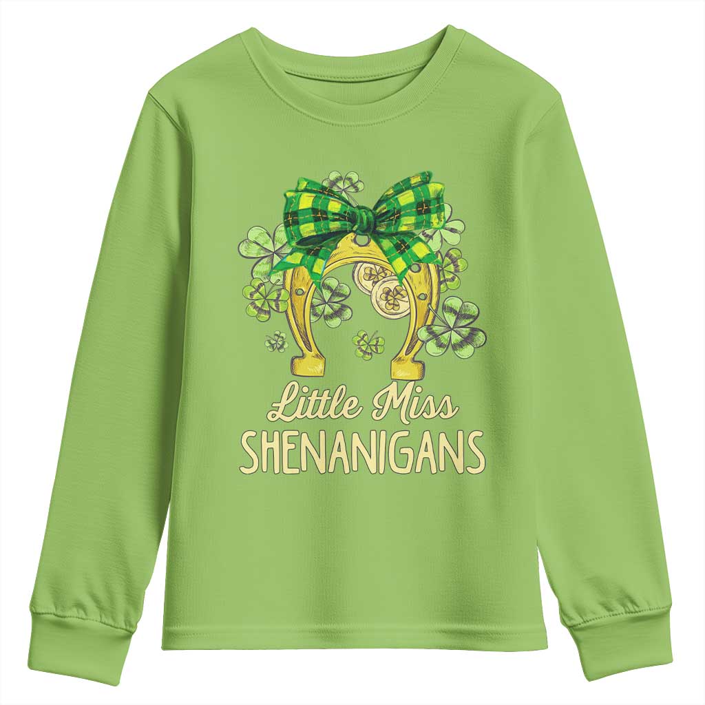St Patrick's Day Youth Sweatshirt Little Miss Shenanigans Coquette Shamrocks TS09 Lime Print Your Wear