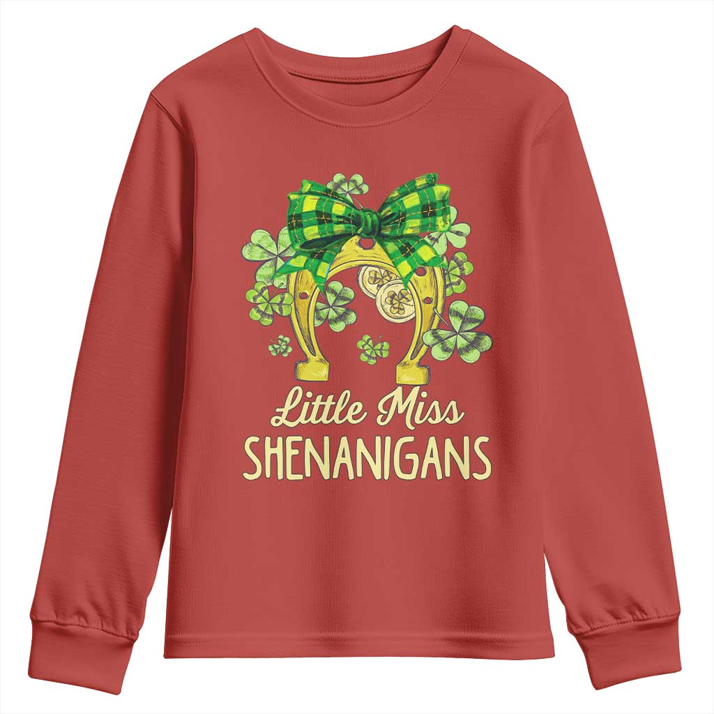 St Patrick's Day Youth Sweatshirt Little Miss Shenanigans Coquette Shamrocks TS09 Red Print Your Wear