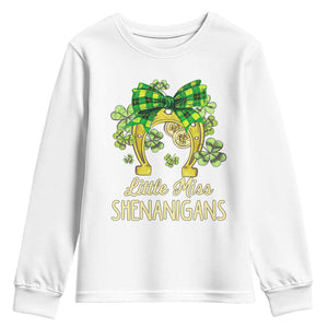 St Patrick's Day Youth Sweatshirt Little Miss Shenanigans Coquette Shamrocks TS09 White Print Your Wear