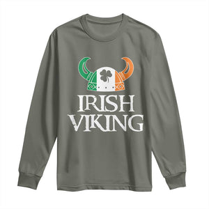 St Patrick's Day Long Sleeve Shirt Irish Viking Helmet Lucky Shamrocks Ireland Flag TS09 Military Green Print Your Wear