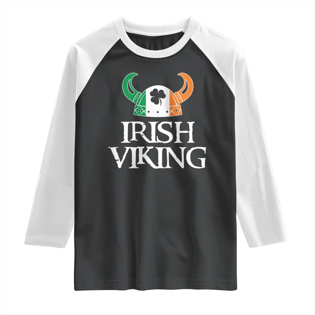 St Patrick's Day Raglan Shirt Irish Viking Helmet Lucky Shamrocks Ireland Flag TS09 Black White Print Your Wear