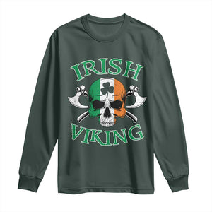 St Patrick's Day Long Sleeve Shirt Irish Viking Skull Lucky Shamrocks Ireland Flag TS09 Dark Forest Green Print Your Wear