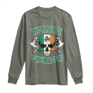 St Patrick's Day Long Sleeve Shirt Irish Viking Skull Lucky Shamrocks Ireland Flag TS09 Military Green Print Your Wear