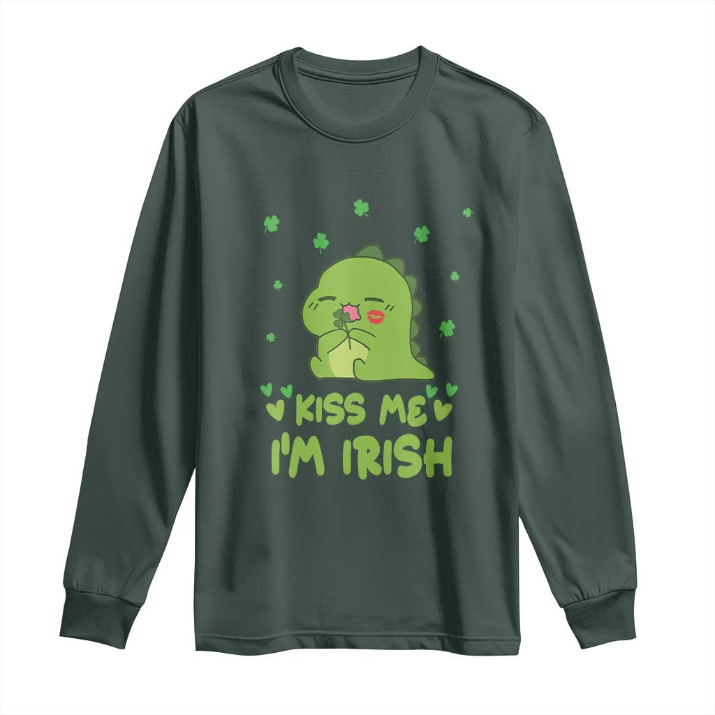 St Patrick's Day Long Sleeve Shirt Kiss Me I'm Irish Cute Dinosaur TS09 Dark Forest Green Print Your Wear