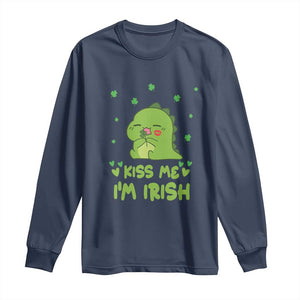 St Patrick's Day Long Sleeve Shirt Kiss Me I'm Irish Cute Dinosaur TS09 Navy Print Your Wear